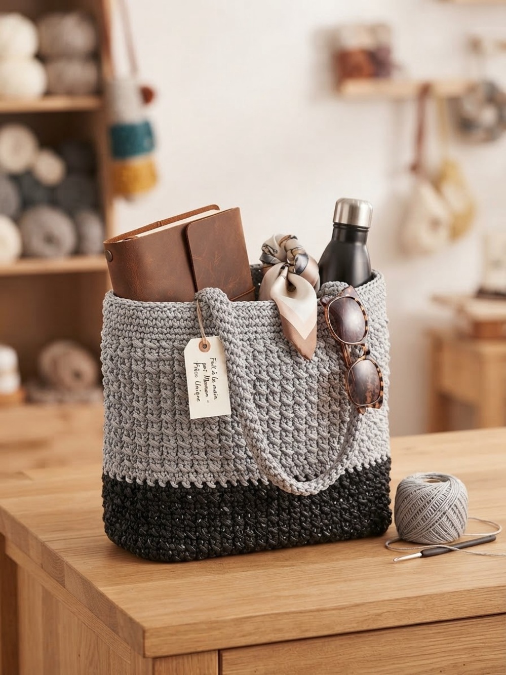 Two-Tone Crochet Tote Bag in Light Gray and Black
